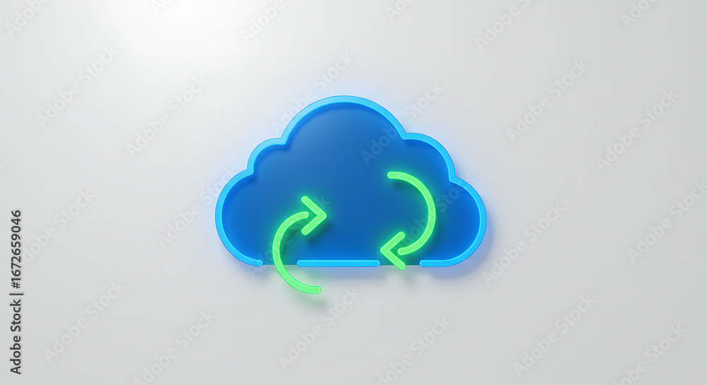 Poster cloud computing: a neon-style illustration of a stylized cloud with vibrant green circular arrows. r