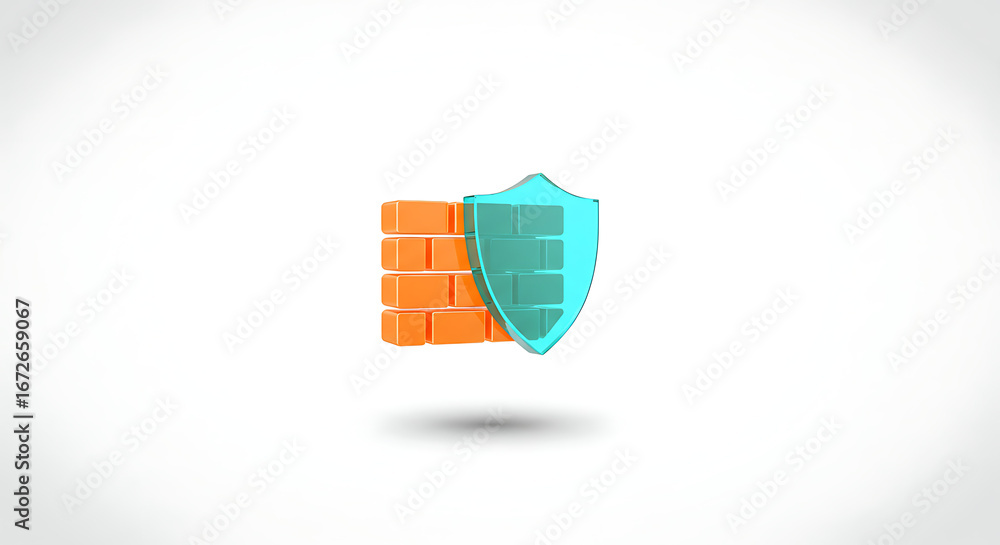 Poster digital fortress: an artistic rendering of a digital shield guarding a brick wall, symbolizing robus