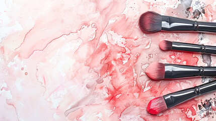 Makeup brushes arranged on artistic background with vibrant red watercolor textures and patterns