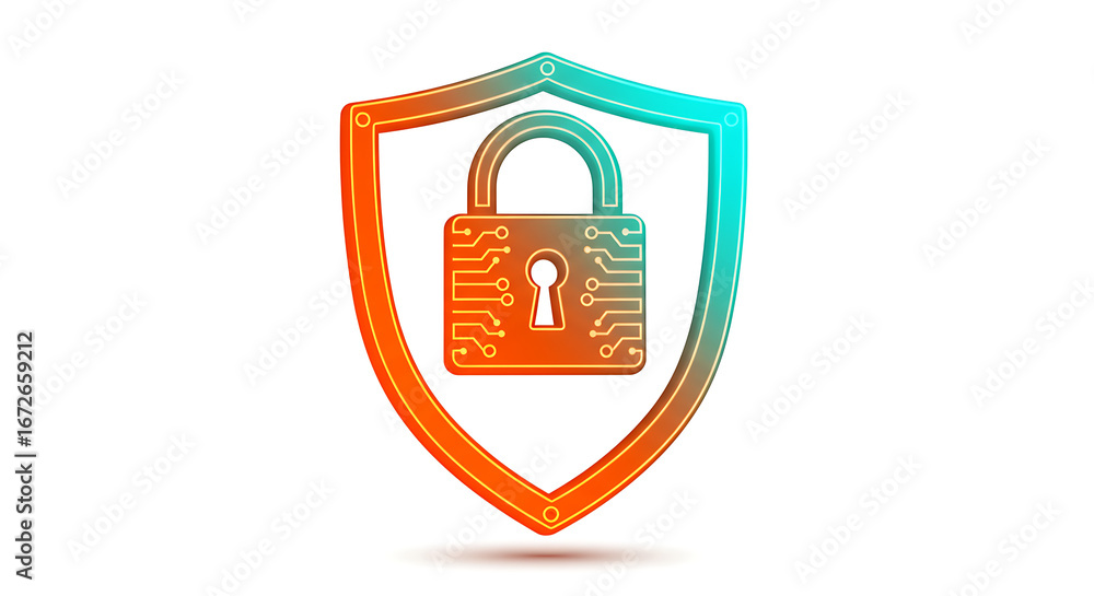 Poster cybersecurity shield: a vibrant illustration of a digital shield emblazoned with a secure padlock. s
