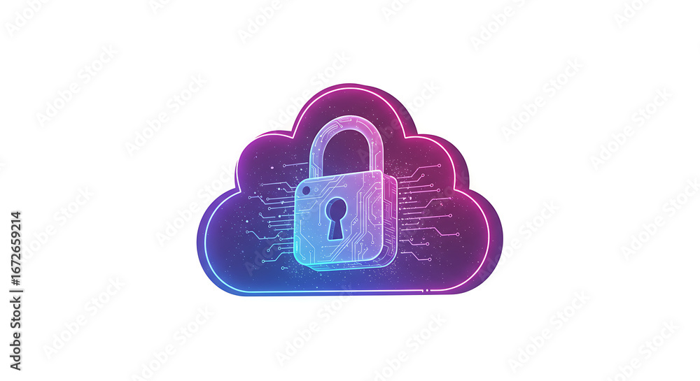 Poster secure cloud: a digital cloud icon with a lock on it, depicting secure data storage and cybersecurit