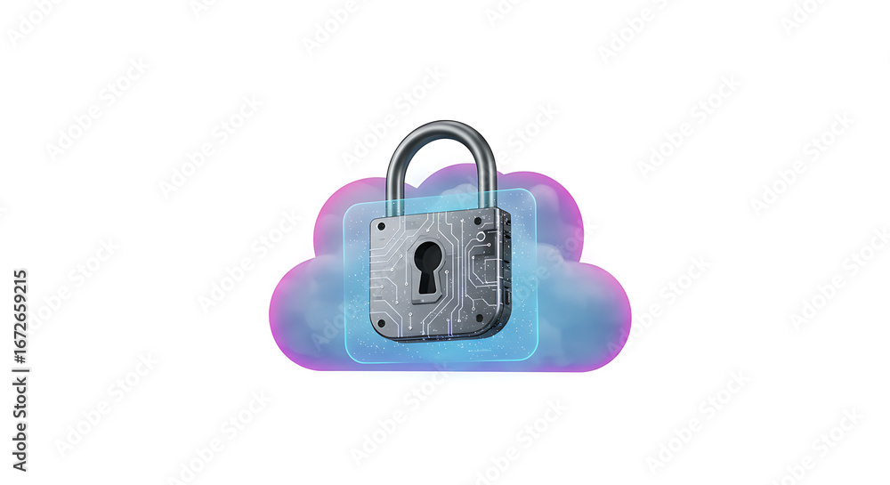 Aufkleber cloud security: a close-up shot of a secure padlock overlayed on a cloud-shaped graphic, symbolizing