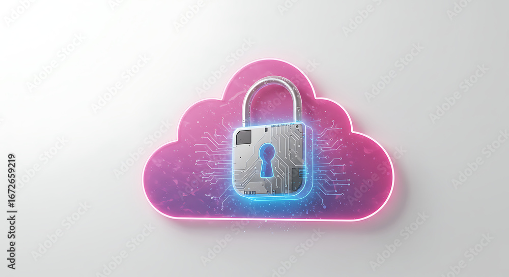 Poster secure cloud: a glowing cloud icon overlaid with a padlock, symbolizing data security and protection