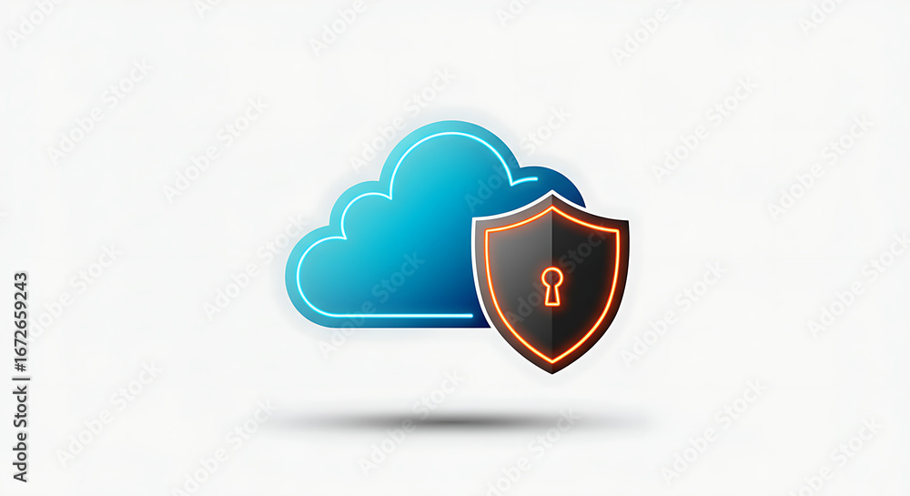 Aufkleber cloud security shield: the cloud is rendered as a glowing and secure vault, with an abstract design 
