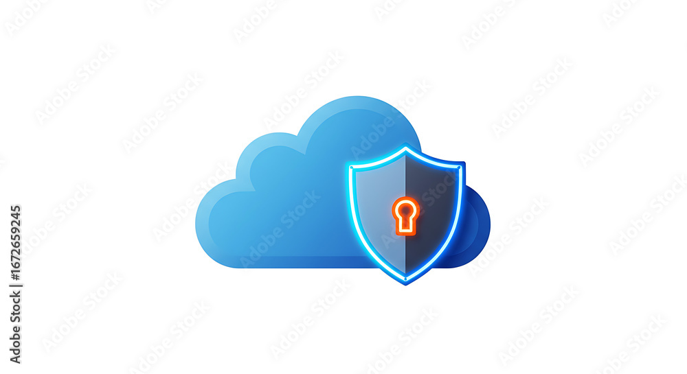 Poster cloud security: an artistic depiction of cloud computing, secured by a robust shield representing th