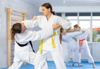 Obraz premium Two females in kimono practicing fighting moves in gym