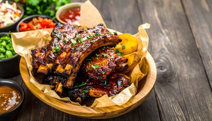 Delicious BBQ Pork Ribs Served in a Wooden Bowl with Sides.