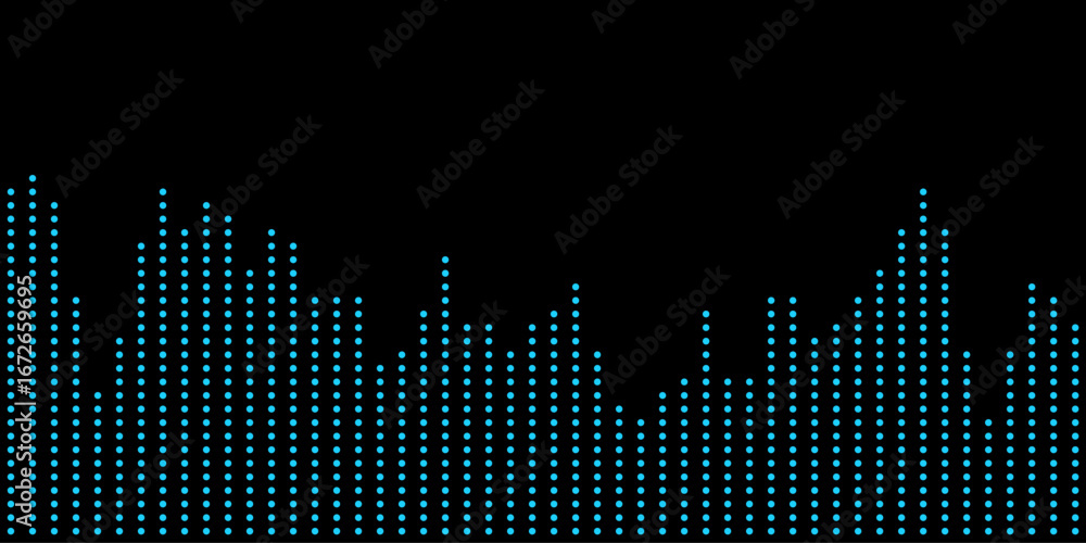Poster futuristic vector tech background with dynamic blue dot patterns on black.