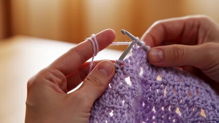 Close-up of hands knitting a purple lace pattern scarf, demonstrating the knitting process with