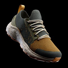 Stylish athletic shoe on a black backdrop, showcasing a modern design. The shoe features a blend of colors and textures, with a focus on detail and craftsmanship