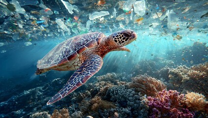 Obraz premium A sea turtle navigating through plastic pollution