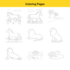 Coloring Pages Featuring Horses Lions and Tropical Scenery palm tree grass