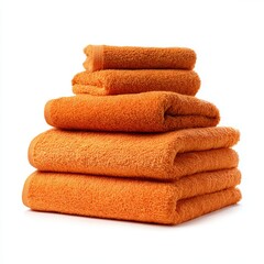 A stack of six clean, orange towels, ready for use. These towels are soft and fluffy, suggesting comfort and hygiene.