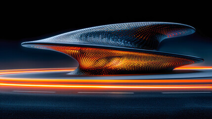 Futuristic 3D illustration of a sleek, aerodynamic structure with glowing orange accents in motion