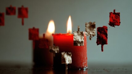 A minimalist collage featuring a candlestick chart design with abstract elements, showcasing red candles and floating chart patterns against a muted background. neutral background, clear negative