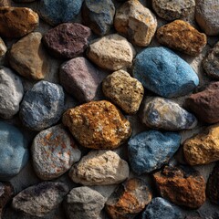 A wall made up of a variety of different colored stones and rocks