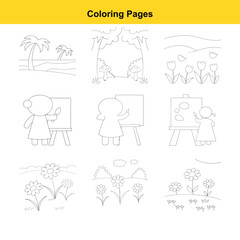 Nine Outline Illustrations for Coloring Pages with Tropical Scenes Artists Painting and Flowers drawing
