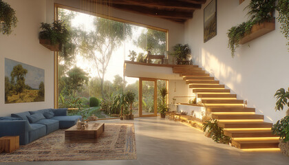 Fototapeta premium A modern and cozy living room with biophilic inspiration. High ceilings, a wooden staircase, large windows, and plants throughout create a serene atmosphere.