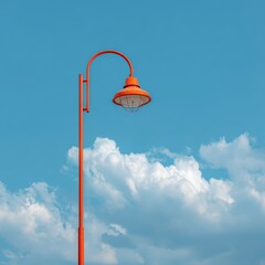 An orange street lamp stands gracefully against a backdrop of a beautiful, cloud-filled sky. The lamp's vibrant color contrasts with the blue sky, creating a visually striking scene