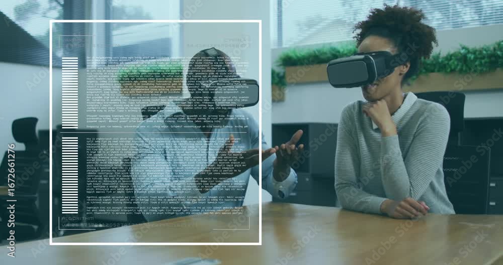 Aufkleber tech colleagues putting on vr headsets and manipulating code blocks with receding progress bars