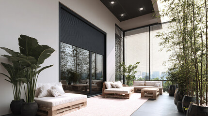 Minimalist and modern balcony with roller blinds and potted bamboo. A peaceful oasis to relax and enjoy the outdoors.