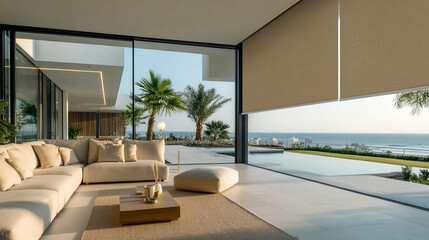 Elegant living room with panoramic ocean views and roller blinds. A luxurious retreat, ideal for travel, architecture, and lifestyle themes.