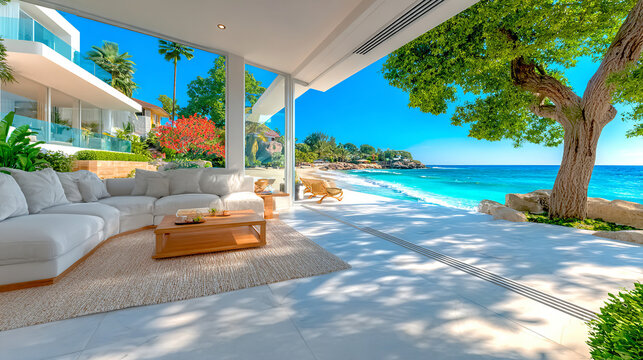 Luxurious outdoor area of ​​a residence with panoramic views of a paradisiacal beach. The minimalist, modern design invites relaxation by the sea.