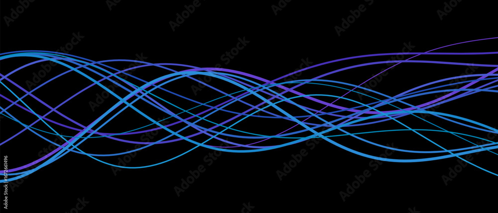 Poster abstract vector tech background with dynamic blue and purple waves on black.