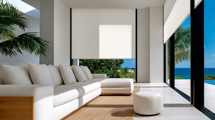 Minimalist interior with shutters, panoramic ocean views, and a pool. The clean, modern design creates a serene and luxurious environment, ideal for relaxing and enjoying the scenery.
