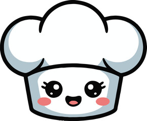 A cartoon chef hat with a cute face and rosy cheeks on a white background in a simple illustration