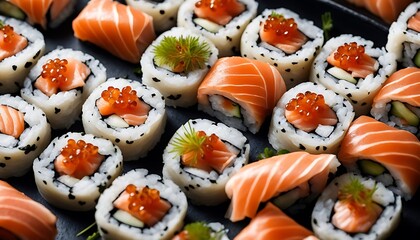 Close up of assorted sushi rolls with salmon and roe on a dark surface, ready to be eaten