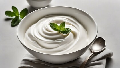 A bowl of creamy yogurt topped with fresh mint leaves and a spoon resting on a white cloth napkin