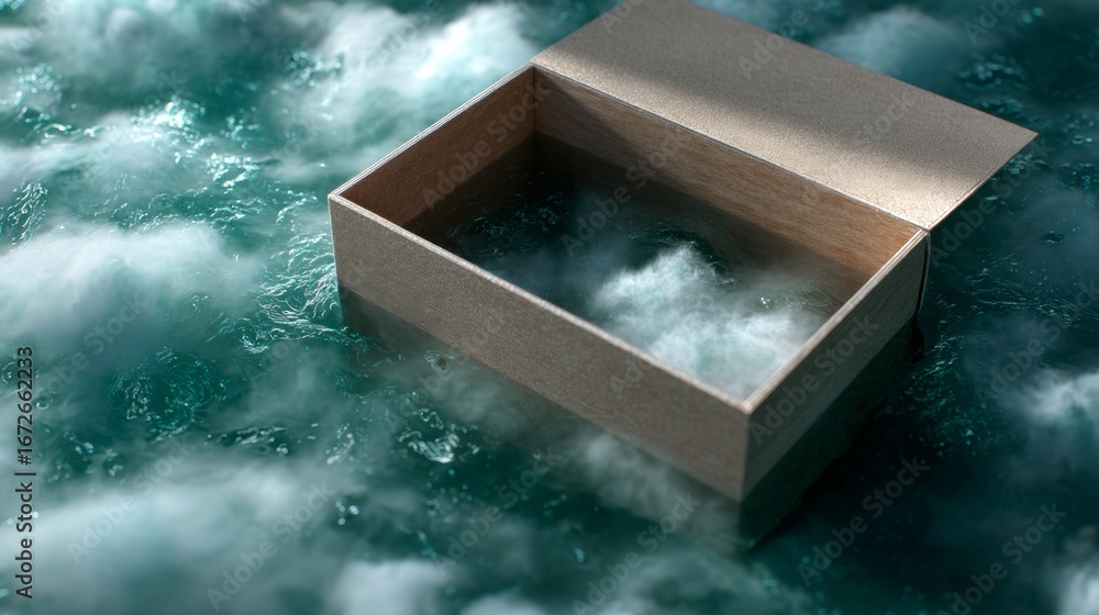 Poster cardboard open box floating on soft textured background packaging concept design