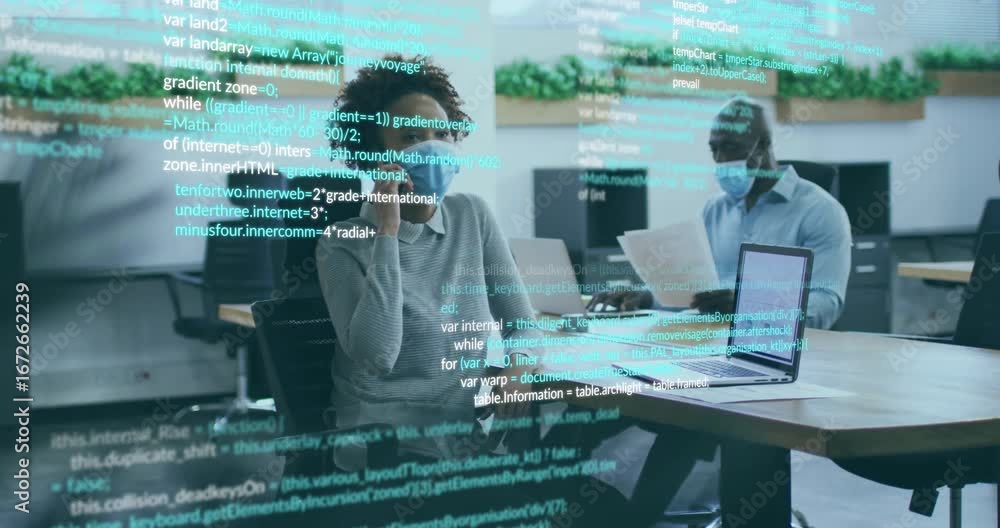 Poster woman making phone call and starting cybersecurity code overlay while peer behind reviewing report