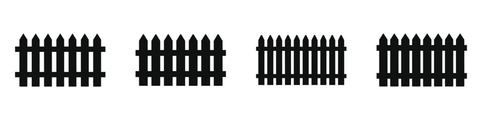 Set of four black wooden fence icons with pointed pickets, classic garden and yard boundary silhouettes, outdoor property divider vector illustrations for home and landscape design