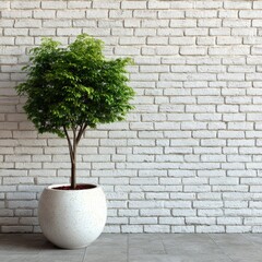 A potted tree sits elegantly in front of a textured brick wall, creating a tranquil and stylish atmosphere. The vibrant green leaves contrast beautifully with the neutral tones of the wall and pot