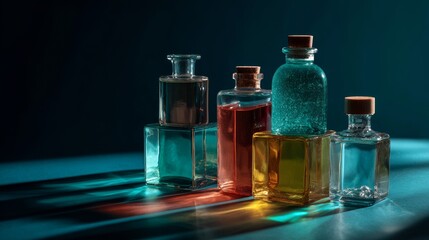 Colorful glass bottles with liquid decorative cosmetic spa product concept