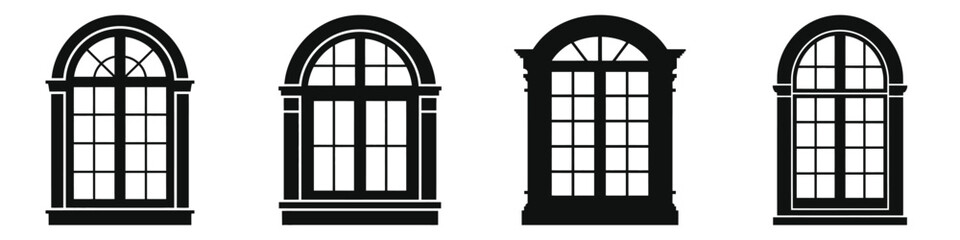 Set of four black arched window icons with classic and decorative frames, vintage and modern architectural window silhouettes, home exterior design and building facade vector illustrations