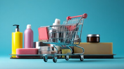 Shopping cart with cosmetic bottles minimal background retail commerce product concept