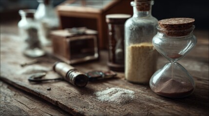 Rustic table with hourglass bottles and herbs vintage organic natural concept