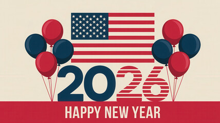 Celebrate 2026 with patriotic balloons and the American flag, a vibrant New Year's graphic