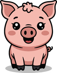 Illustration of a cartoon pig with pink cheeks and a curly tail on a white background smiling happily