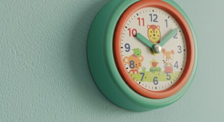 Close up of a childs alarm clock with animal illustrations on a textured blue wall