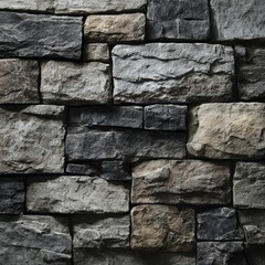 A close-up view of a stone wall, featuring different shades of gray, brown, and beige, creating a textured and weathered look
