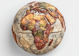 A meticulously crafted globe, showcasing a detailed map of the world, composed of various colored pieces, and exhibiting a distressed, aged surface.