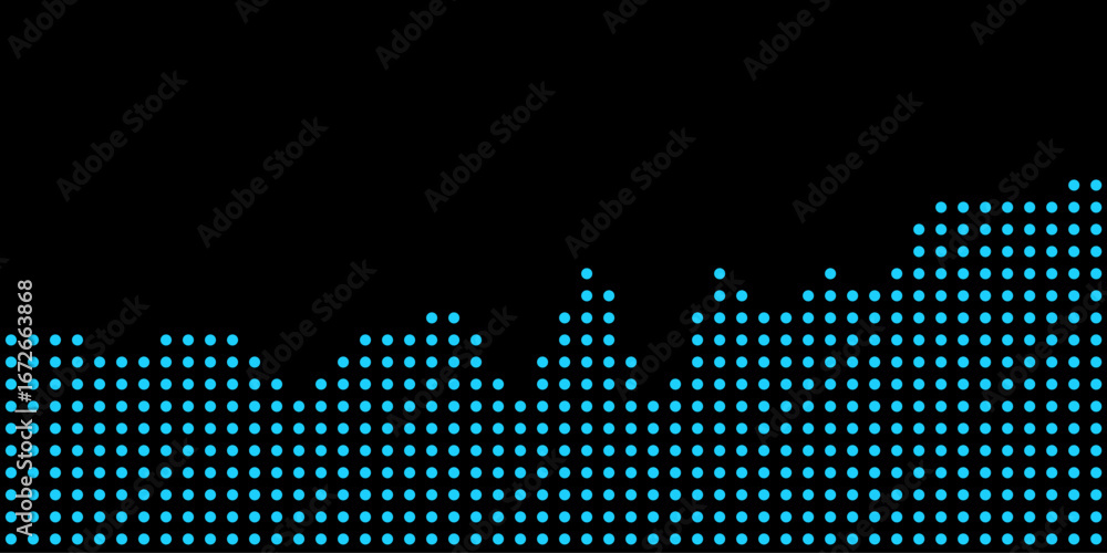 Poster blue led dot matrix pattern on black vector tech background.