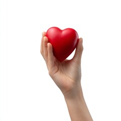 A hand holding a vibrant red heart, a symbol of love and affection. The heart is smooth and well-defined, conveying warmth and tenderness.