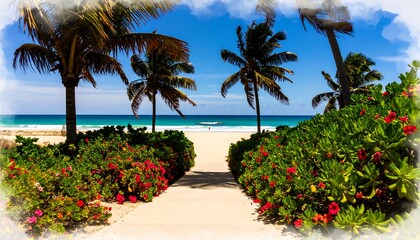 Fototapeta premium A tropical beach walkway leads to a turquoise ocean under a vibrant blue sky, framed by lush greenery and swaying palm trees.