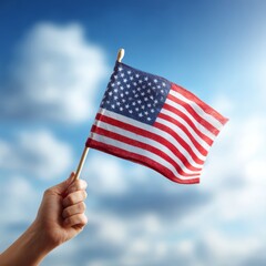 A patriotic display: A person's hand holding the American flag against a backdrop of blue sky and fluffy clouds. Celebrate the spirit of America with this iconic image.