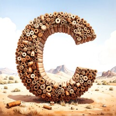 A large, sculpted letter "C" composed of numerous rolled-up documents, situated in a sun-drenched desert landscape.
